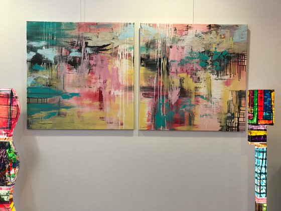 Landscape in pink, yellow and turquoise