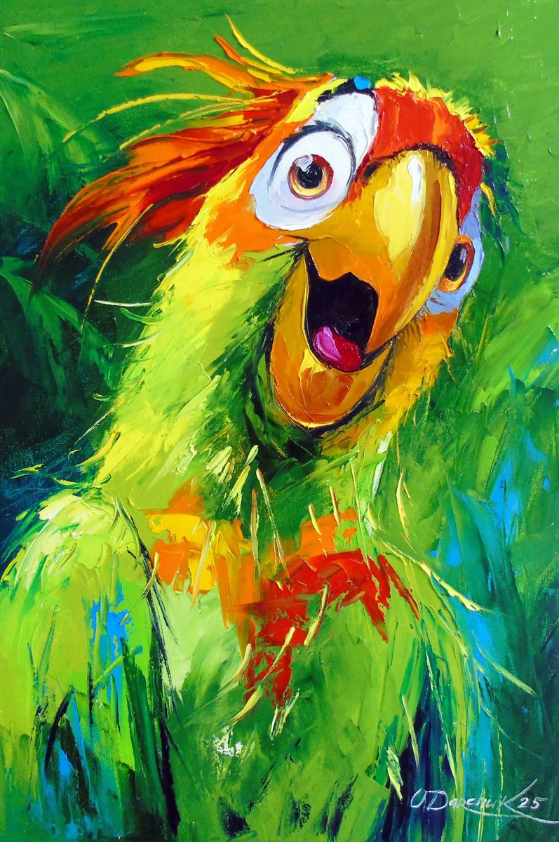 Impressionistic Animal Oil Painting By Olha Darchuk, 16 X 24", Parrot Surprise, Original Artwork