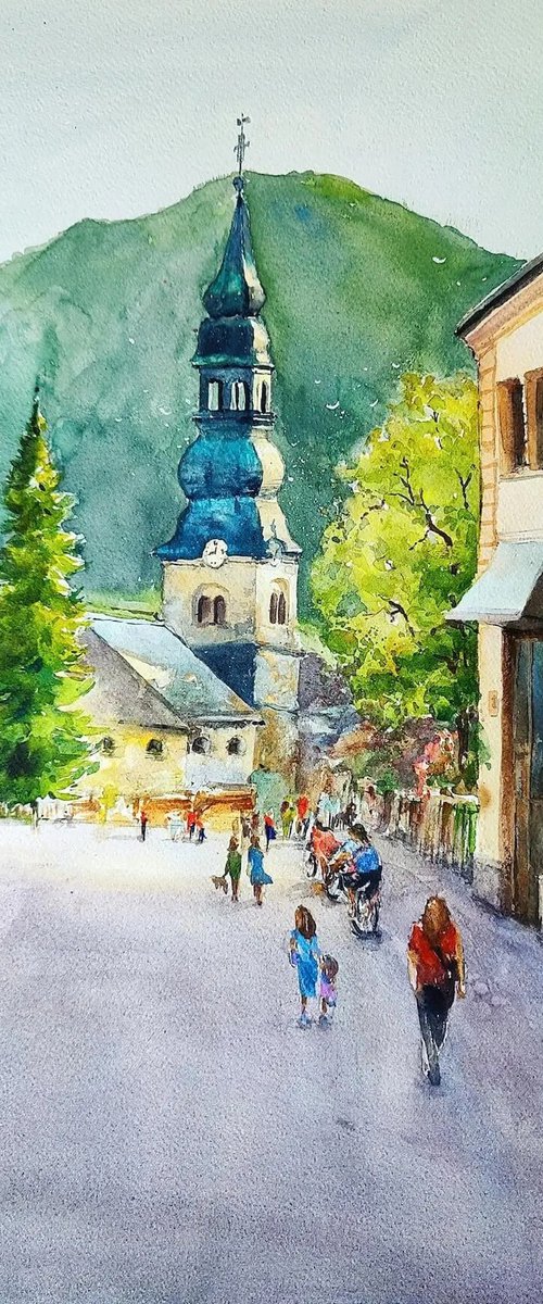 Kranjska gora Slovenia, Original watercolor painting, European mountains village by Larisa Carli