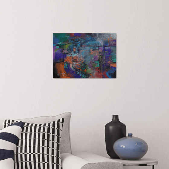 Harmonies And Disharmonies, abstract oil painting blue and purple, 45x 32 cm