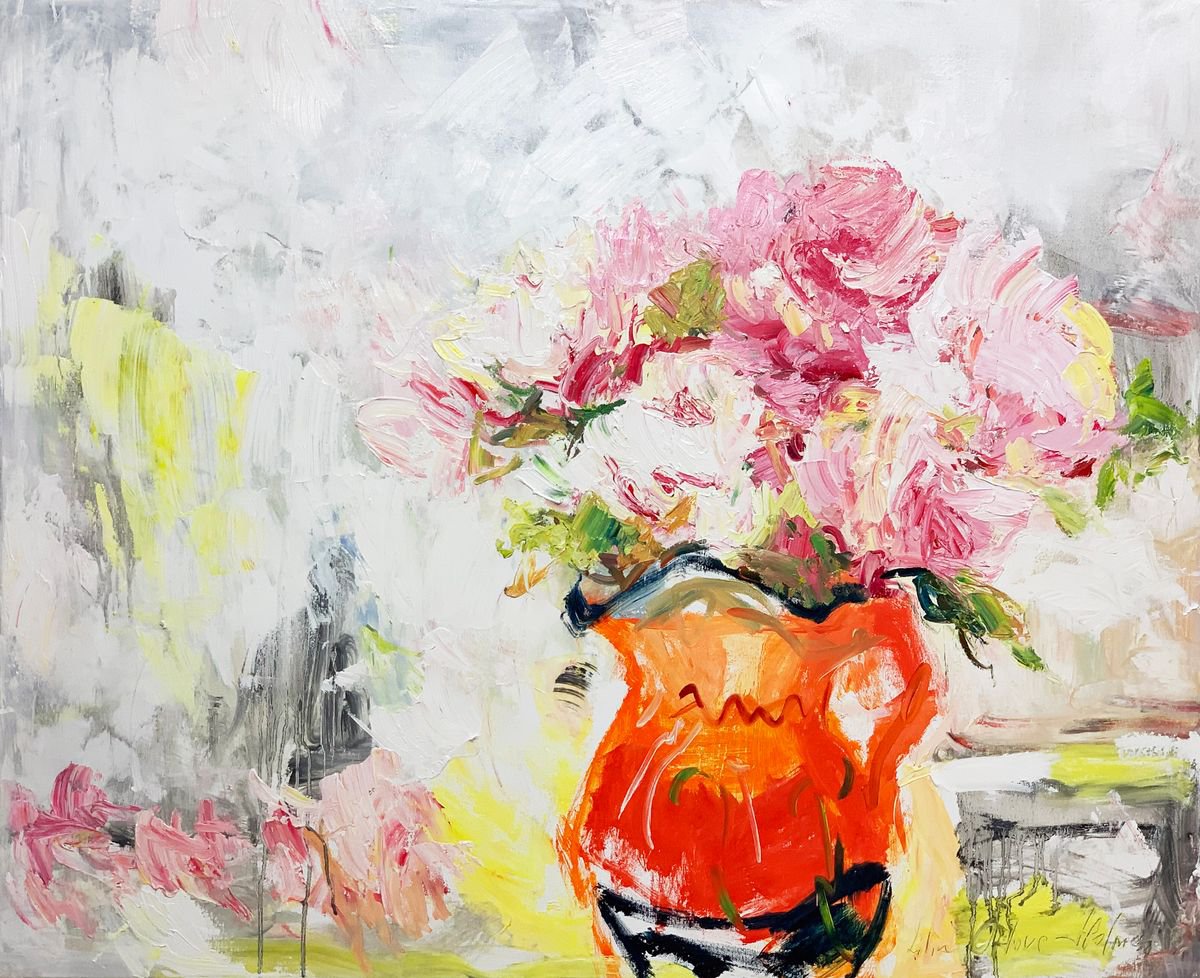 Peonies in an orange jug by Lilia Orlova-Holmes