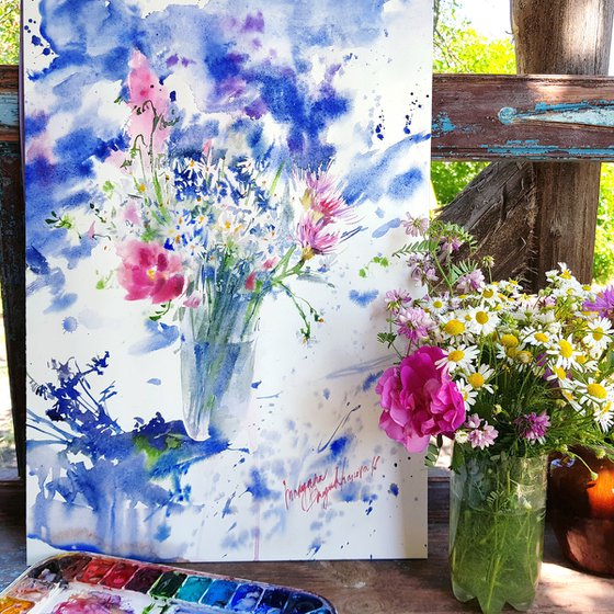 Wildflowers bouquet. Blue flowers in watercolor