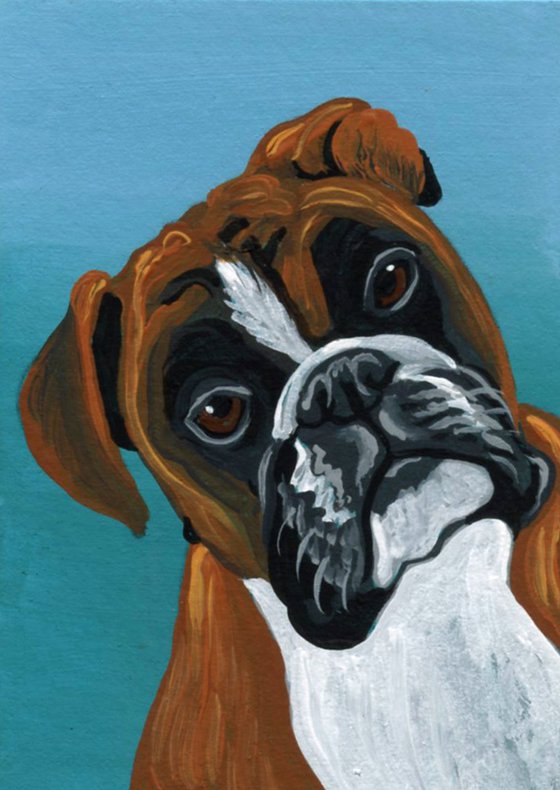 ACEO ATC Original Miniature Painting  Boxer Pet Dog Art-Carla Smale