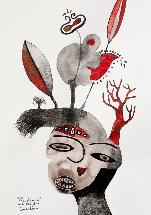 Gandharva. Ink watercolour surrealistic painting on paper by Ulugbek Doschanov
