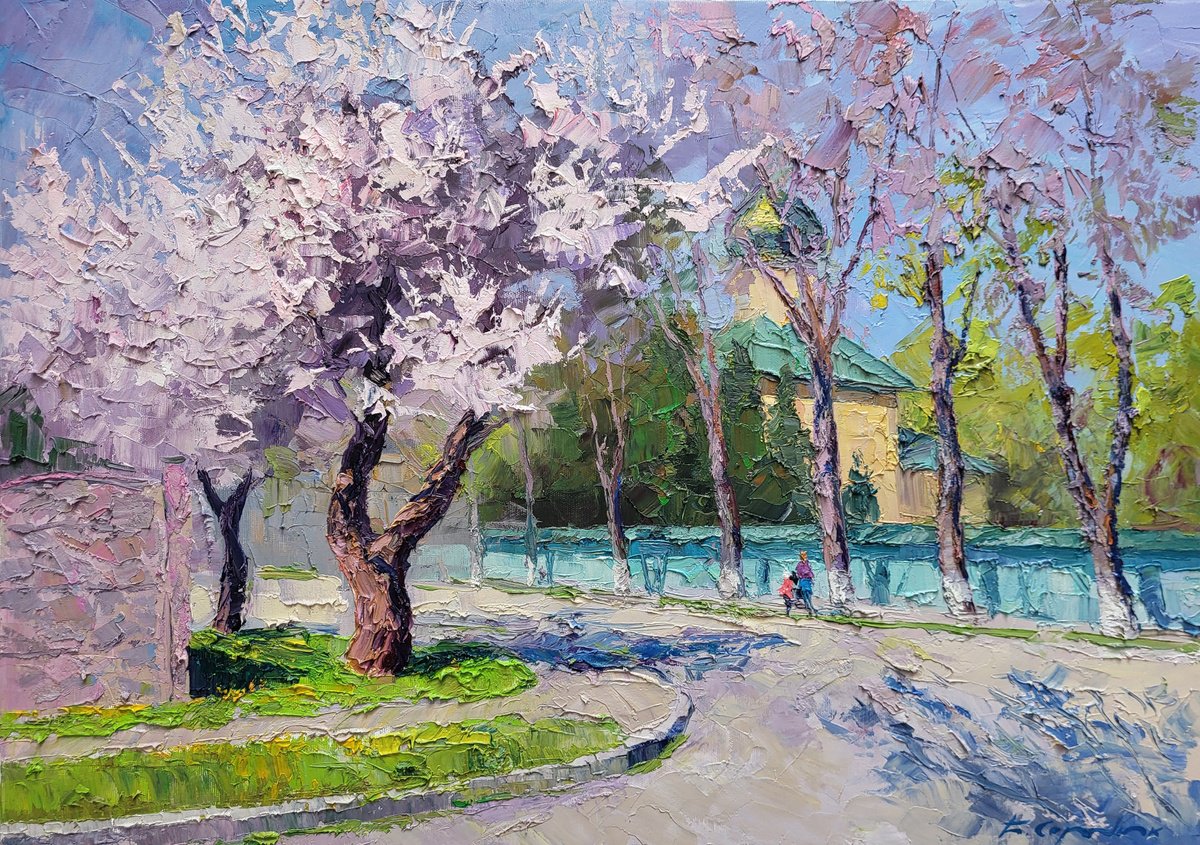 Impressionistic Landscape Oil Painting By Boris Serdyuk, 28 X 20, Apricot Blossom, Original Artwork