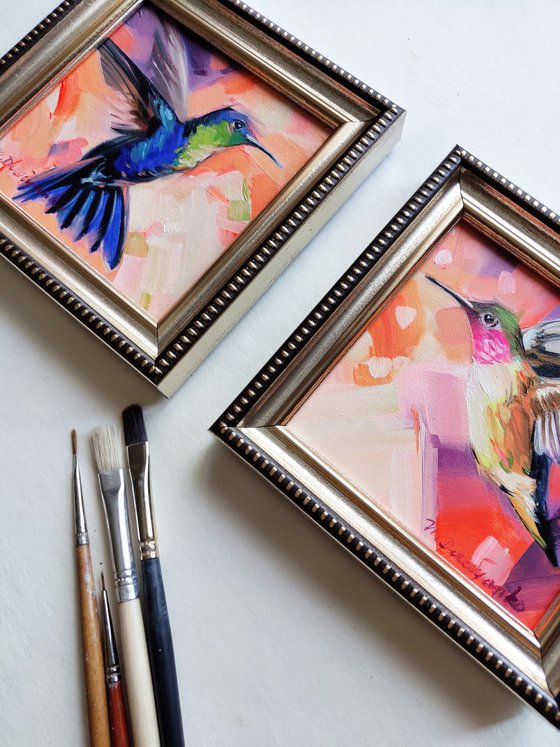 Hummingbirds art painting original, Set of 2 love birds art, Colibri art Bird on wings, Bird in flight art, Humming bird artwork frame