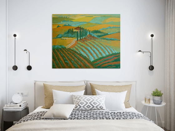 Vineyards of Tuscany 80x100 cm Impressionistic Landscape Large size Spring warm yellow green ohre