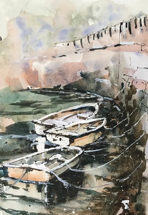 Three boats in Lynmouth harbour by Vicki Washbourne