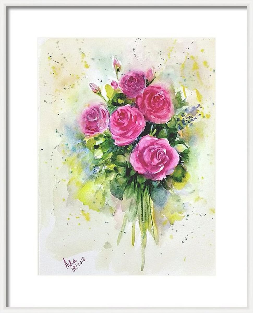 Five Pink Roses Flowers Watercolor Floral painting- 10.25x 14 by Asha Shenoy