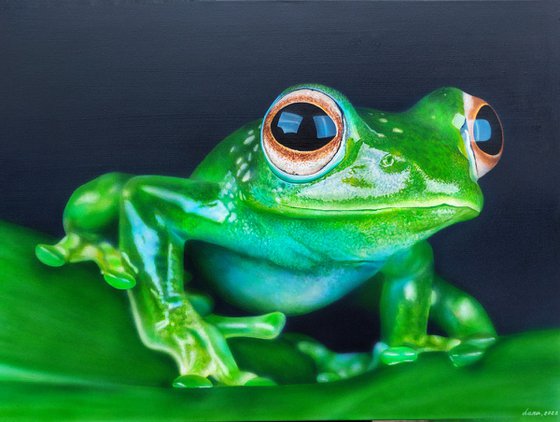 Green frog art, hyperrealism,  hyperrealistic artwork,  realism acrylic painting