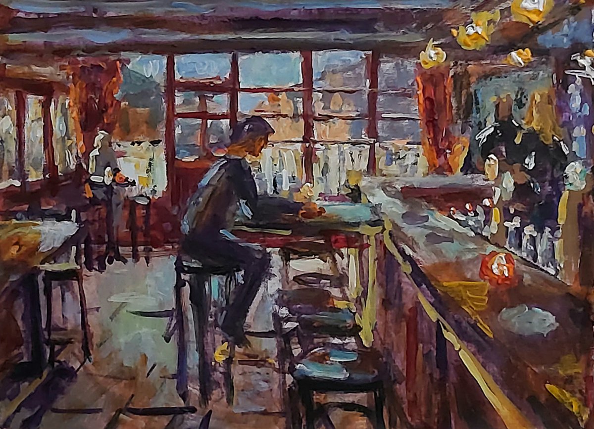 lonely drinker in the red bar by Dimitris Voyiazoglou
