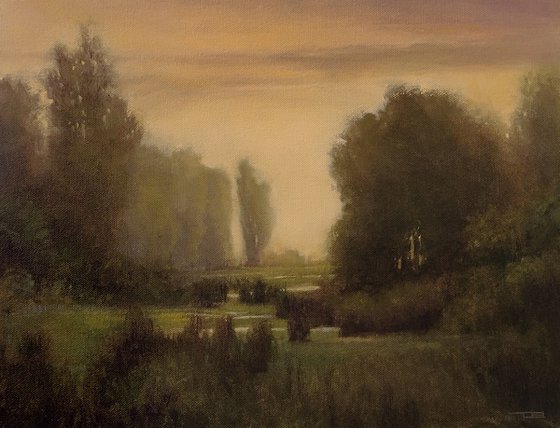 Calm Evening 210203, tonal impressionist landscape oil painting