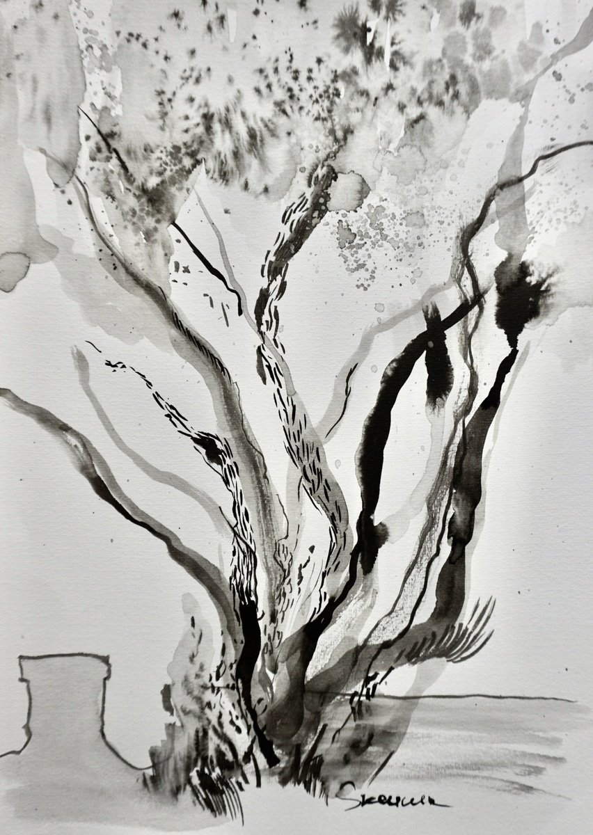 Expressive Botanical Painting By Mari Skakun, 12 X 17", Trees In The Park, Original Artwork