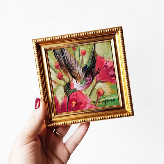 Hummingbird art framed mini oil painting original 4x4, Green red bird and flower lover gift, Housewarming Host gift thank you