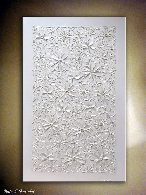 White Pearl Flowers - Abstract Heavy Textured Flowers Painting