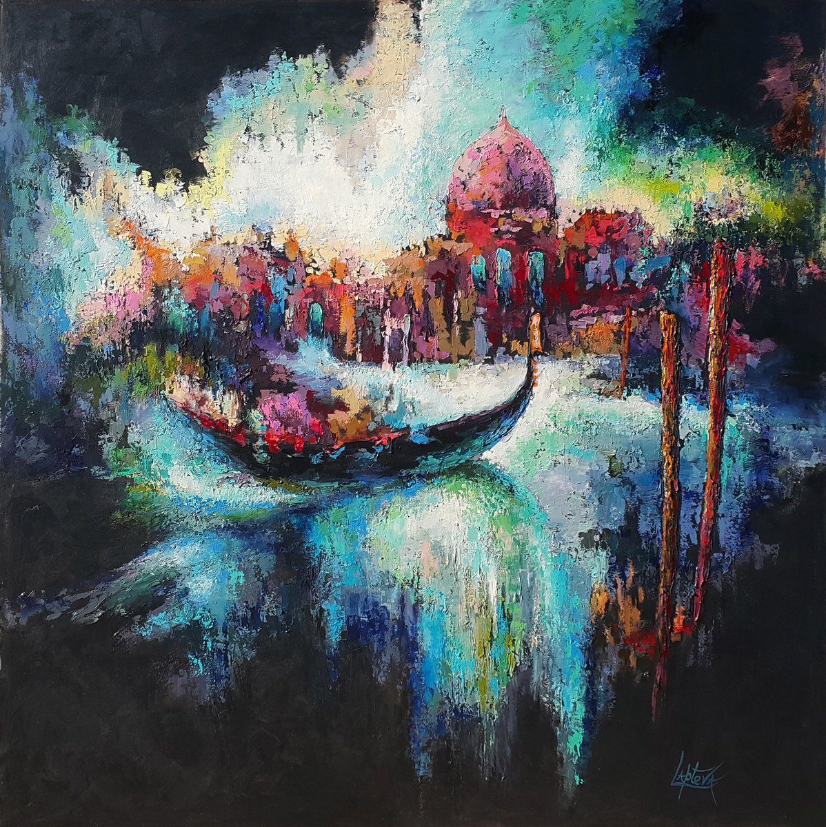 Organic Cityscapes Acrylic Painting By Viktoria Lapteva, 62 X 62", Evening Venice, Original Artwork