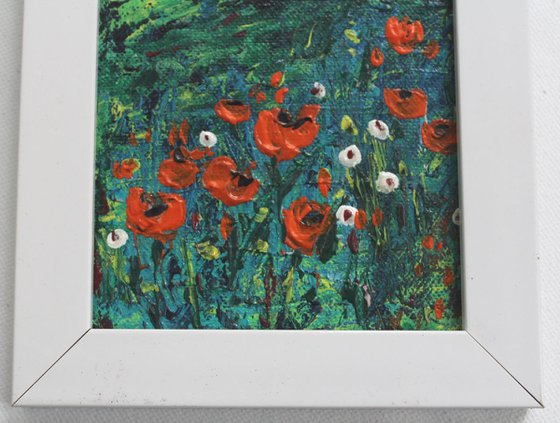Orange Poppy Flowers Field - Acrylic Landscape Painting framed