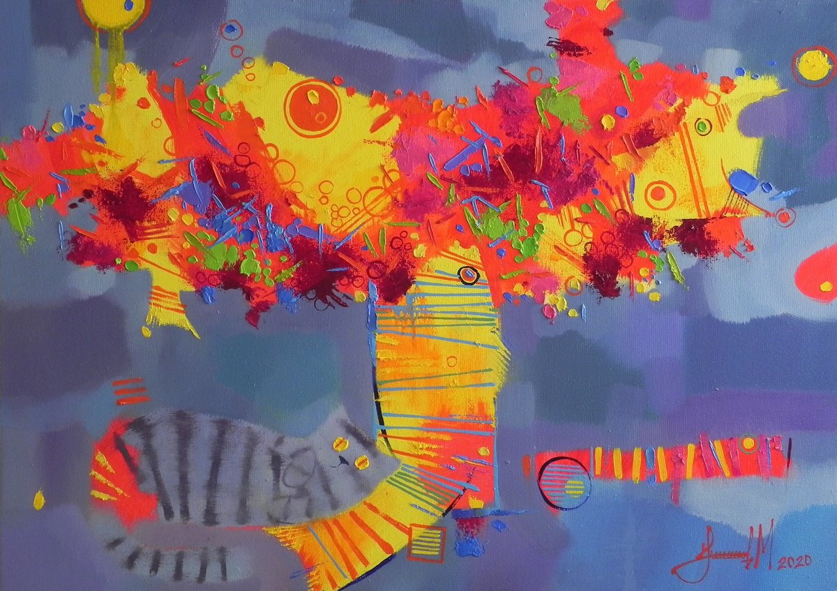 Abstract Animal Oil Painting By Mykhailo Novikov, 28 X 20", "Bright Relaxation", Original Artwork