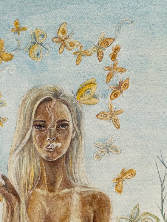 Topless smoking blond woman with yellow butterflies