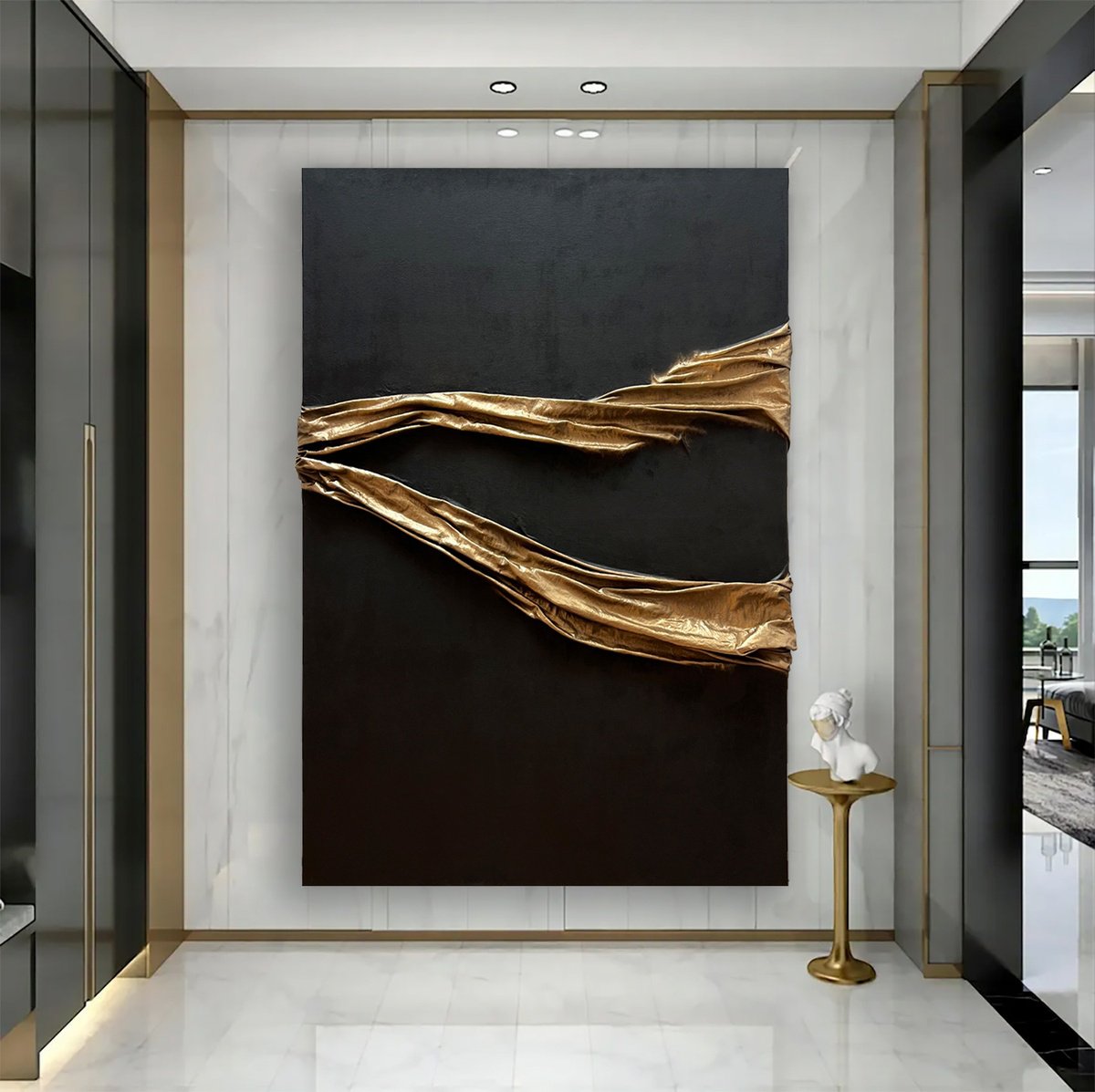 Abstract Acrylic Painting By Indie Ru, 39 X 47, Black Gold Abstract Elegance, Original Artwork