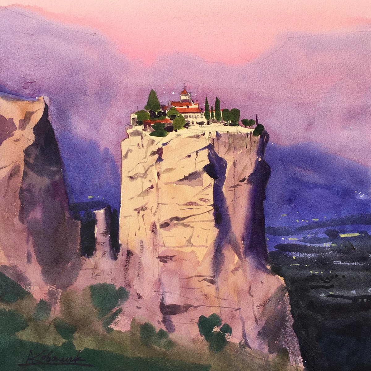 Impressionistic Landscape Watercolour By Andrii Kovalyk, 12 X 12, Dawn. Meteora, Greece, Original Artwork