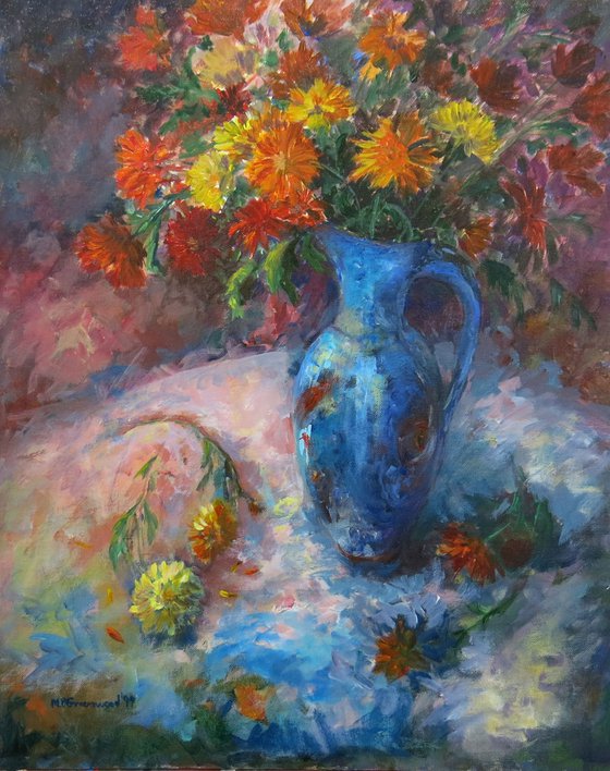 Chrysanthemums in a Blue Jug