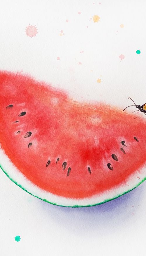 Butterfly On Slice Of Watermel by Olga Beliaeva Watercolour