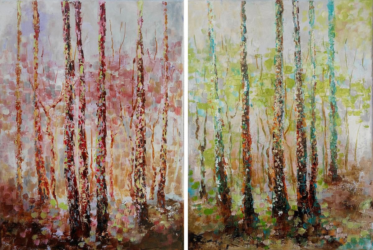 SPRING MOODS, 60x40cm, birches trees landscape by Emilia Milcheva