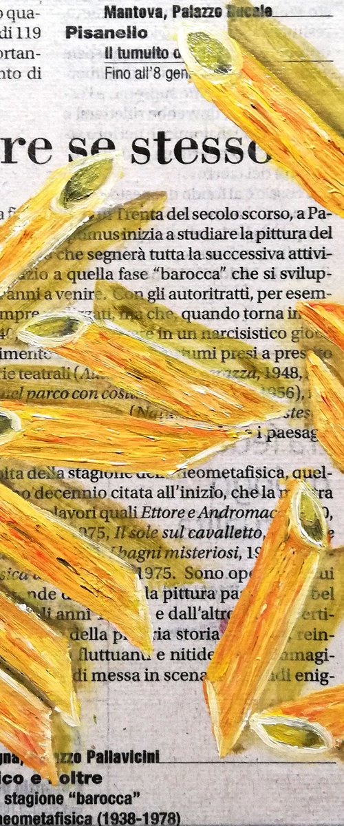 "Penne Noodle on Newspaper" Original Oil on Canvas Board Painting 6 by 6 inches (15x15 cm) by Katia Ricci