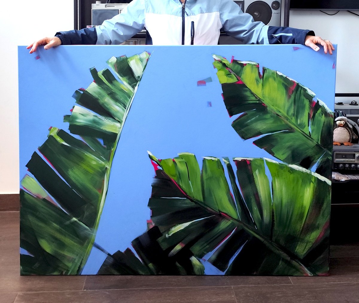 Expressive Botanical Acrylic Painting By Volha Belevets, 57 X 44", Canary Sky, Original Artwork