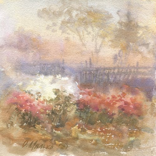 Chrysanthemum fogs / Original watercolor Autumn landscape with flowers Fall picture Plein air art work by Olha Malko