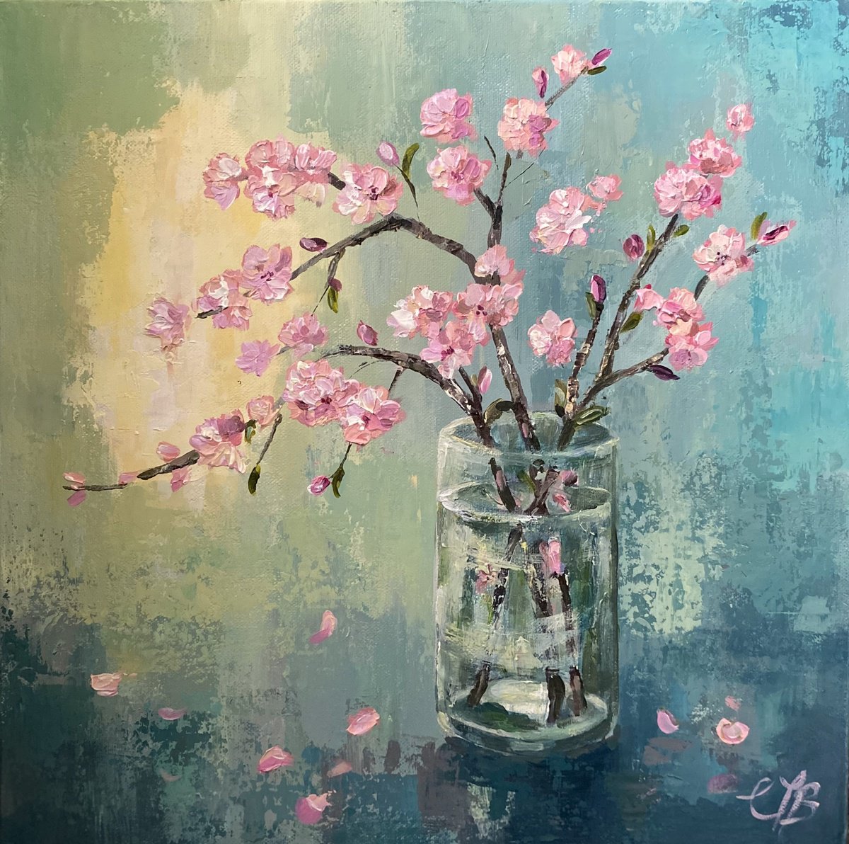 Impressionistic Botanical Acrylic Painting By Colette Baumback, 16 X 16, Cherry Blossom, Original Artwork