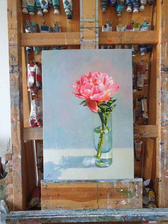 "Coral flashes. " peonies  flower  liGHt original painting  GIFT (2021)