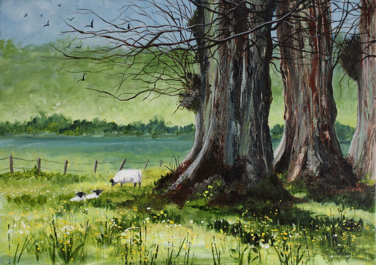 Impressionistic Landscape Acrylic Painting By Valerie Jobes, 14 X 10", Spring Lambs, Original Artwork