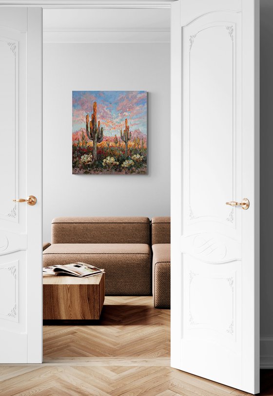 Cacti in the Desert at Sunset