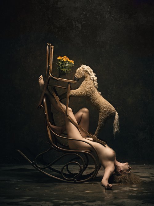 Composition for rocking chair and horse - Art Nude by Peter Zelei