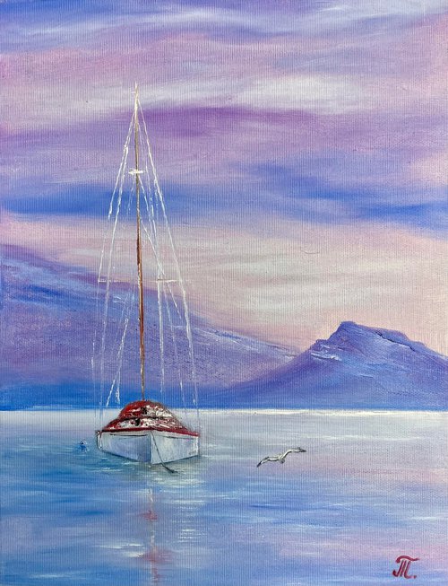 Sailboat and purple sunrise by Tanja Frost