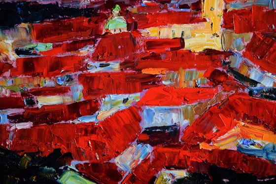 Prague Original Palette Knife Oil Painting, Large Artwork, Red Roofs Art, Europe Wall Art