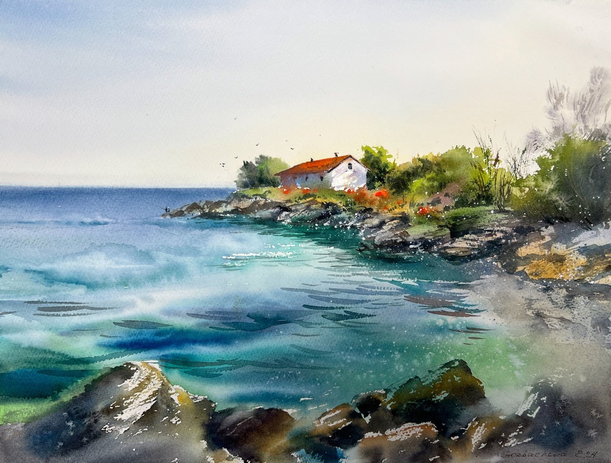 Impressionistic Watercolour , House On The Sea Coast By Eugenia Gorbacheva, 16 X 12, Artwork For Sale On Artfinder