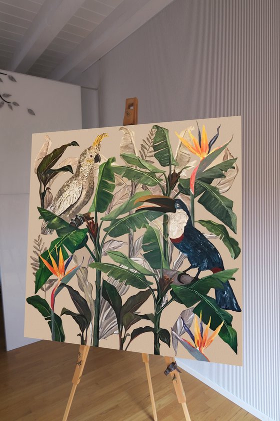 Jungle Light N°4 - Cockatoo and Touchan Fern - Tropical - Art-Deco - Organic Floral, Large painting