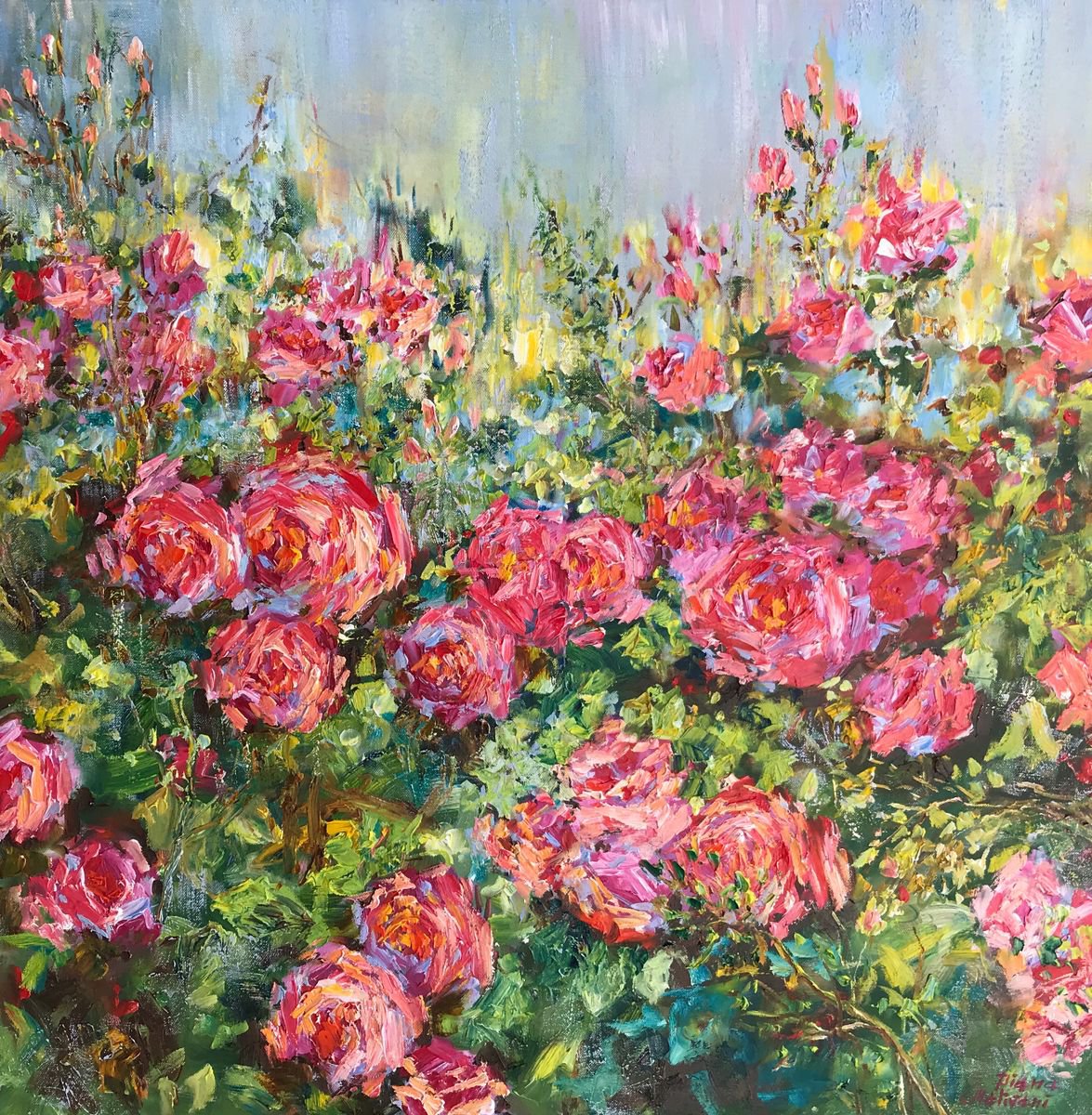 Impressionistic Botanical Oil Painting By Diana Malivani, 31 X 31, Garden Roses, Original Artwork