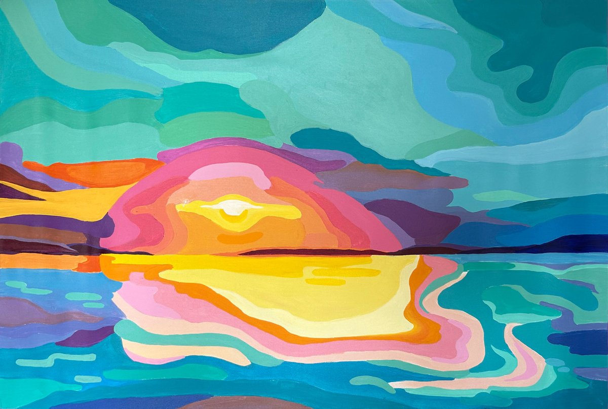 Expressive Landscape Acrylic Painting By Alexandra Dobreikin, 42 X 28, Sunrise Between Two Banks, Original Artwork