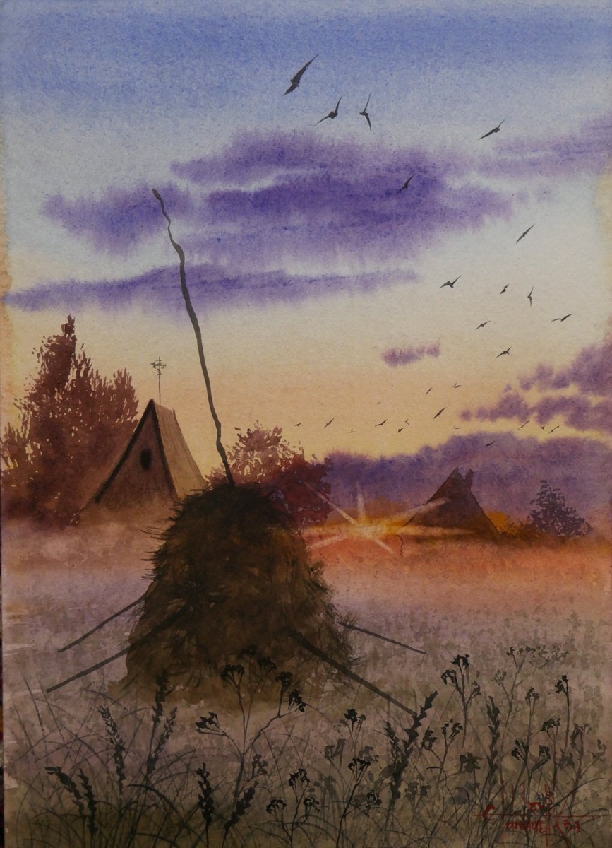 Impressionistic Landscape Watercolour By Eugene Gorbachenko, 12 X 17, Haystack, Original Artwork