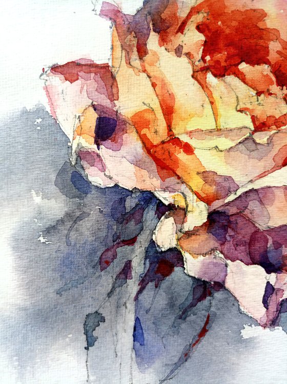 "Rose in shades of orange and yellow" original watercolor