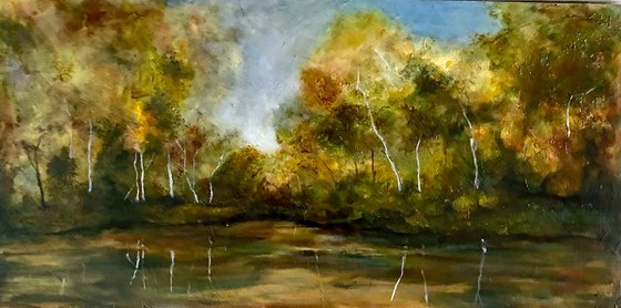 Realistic Original Oil Painting Fall Landscape image 12x24 Gold Frame 14x26