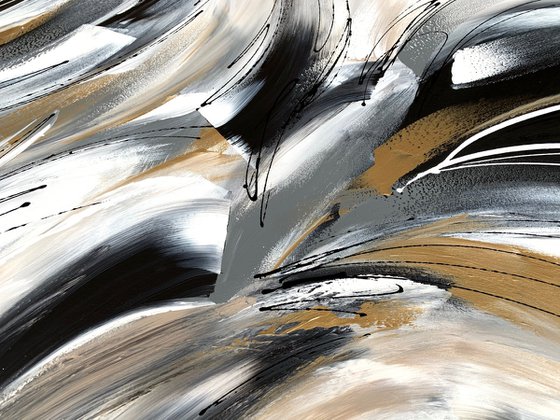 Wild and Free - XL LARGE;  GOLD, BLACK & WHITE ART; MODERN ABSTRACT ART – EXPRESSIONS OF ENERGY AND LIGHT. READY TO HANG!