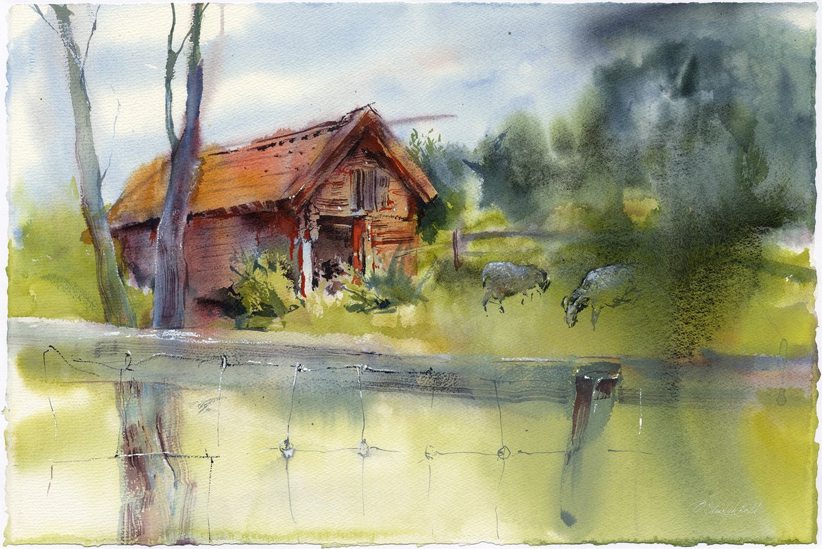 Swedish landscape with sheep by Olga Sternyk