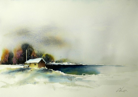 By a freezing lake. Original Watercolour Painting.