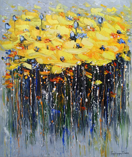 Yellow poppies (60x70cm, oil painting, palette knife, ready to hang)