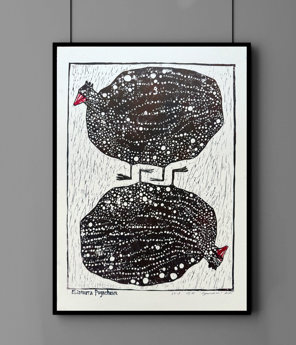 Animal Linocut By Elizaveta Pugacheva, 15 X 20, Partridges, Original Artwork